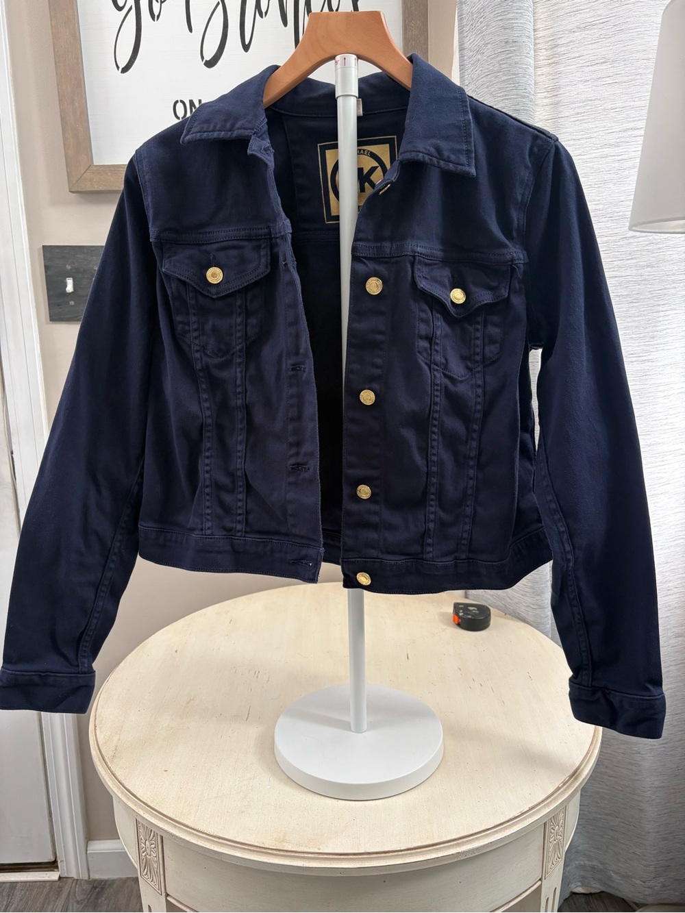 Michael Kors Stretch Navy Blue Denim Trucker Jacket with Gold Buttons S2 M